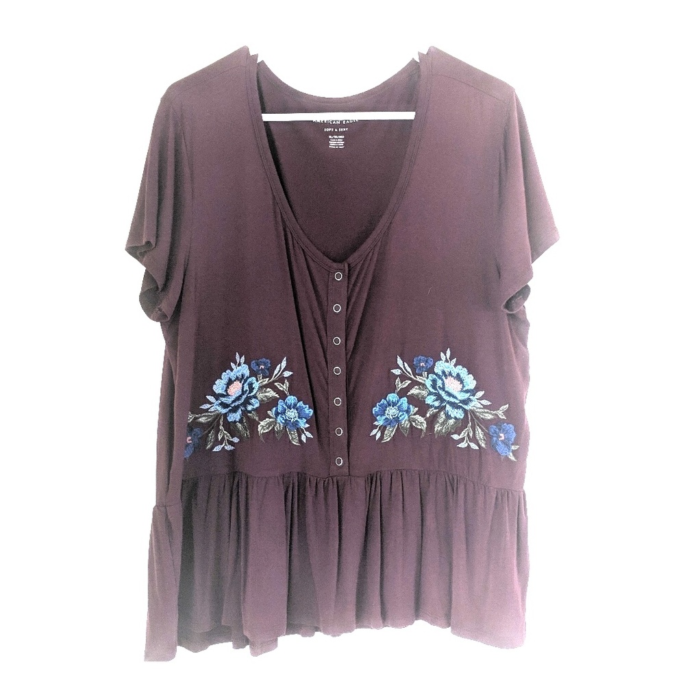 American Eagle embroidered button down peplum top